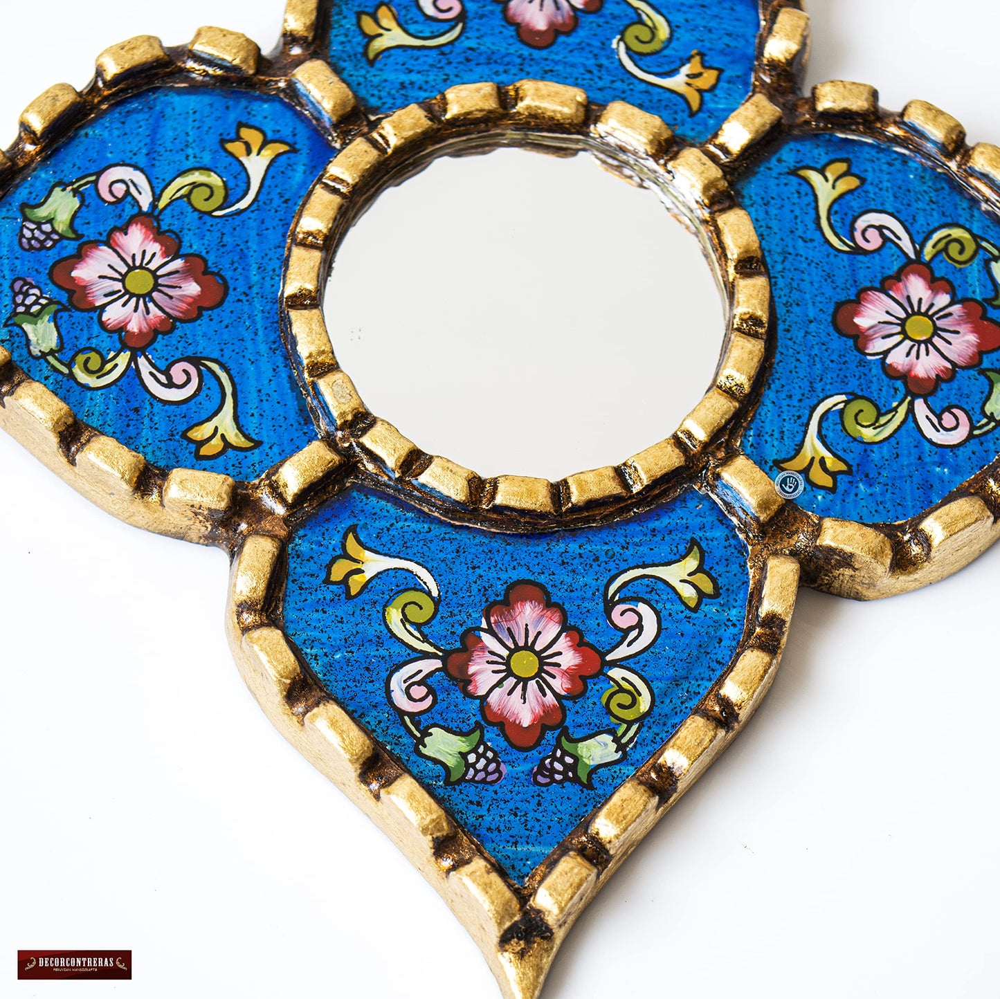 DecorContreras Peruvian Painted Glass Mirror with Bronze Leaf Framed - Handmade Diamond Mirror 6in for Gallery wall (Blue)