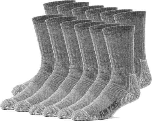 FUN TOES Merino Wool Socks For Men Hiking Boot Thermal Warm Cushioned Crew 6 Pairs (US, Numeric, 8, 12, Regular, Regular, Grey)