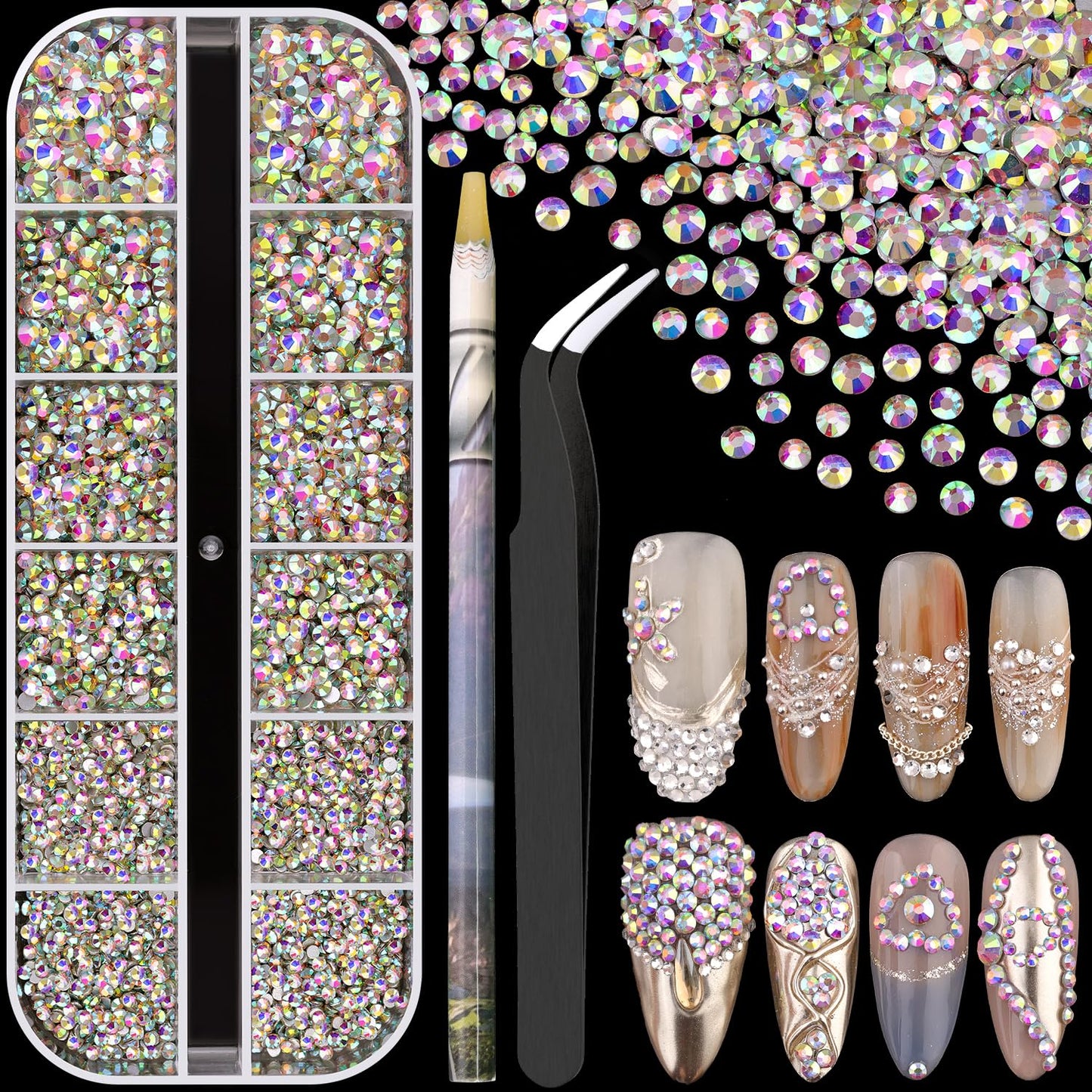 3220Pcs Champagne Gold Nail Rhinestones 120Pcs Multi Shapes Flatback Gems Charms Crystal+3100Pcs 1.5-4mm Round Beads, Glass Diamond Gemstones for Bedazzling Acrylic Nails Decoration