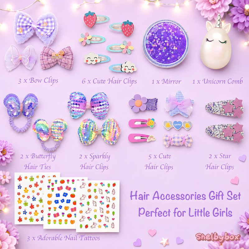Hair Accessories for Girls Gift Set - Girl Hair Accessories Kit for Kids Ages 4-8, Purple Hair Clips, Barrettes, Ponytail Ties, Bows, Mirror & Unicorn Comb, Toddler Hair Set
