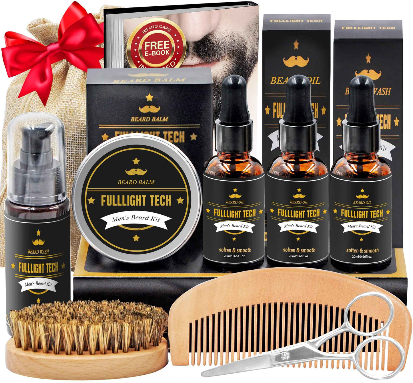 Beard Kit for Men Grooming & Care W/3 Pack Beard Oil, Wash, Balm, Comb, Brush, Scissors,Anniversary Valentines Birthday Fathers Gifts Idea for Husband Him Boyfriend Dad Men Christmas Stocking Stuffers