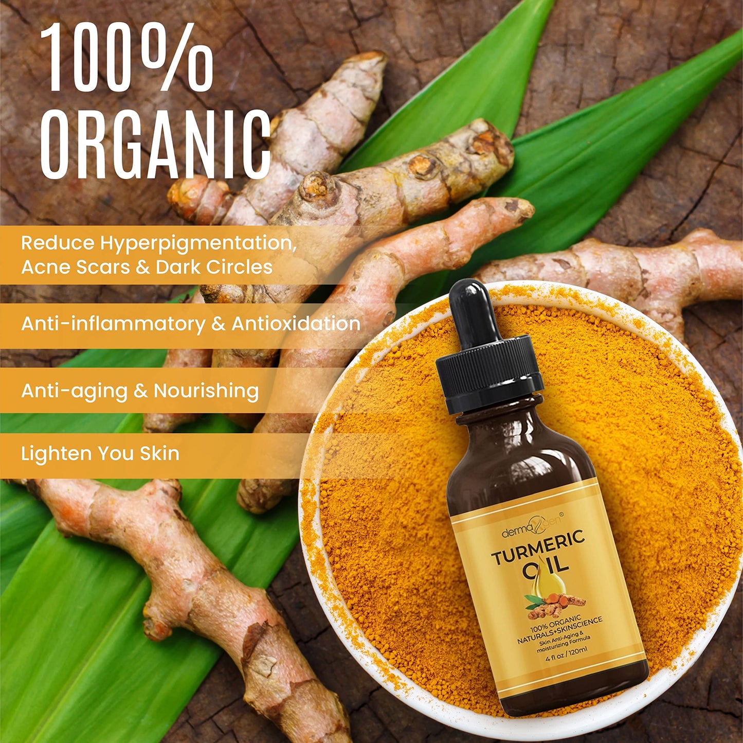 DERMAXGEN Organic Turmeric Oil for Skin Lightening - Turmeric Face Oil for Dark Spots, Anti-Aging & Hydrating Dry Skin - Glow Moisturizer for Face, Neck & Eyes (4 FL OZ / 60 ML)