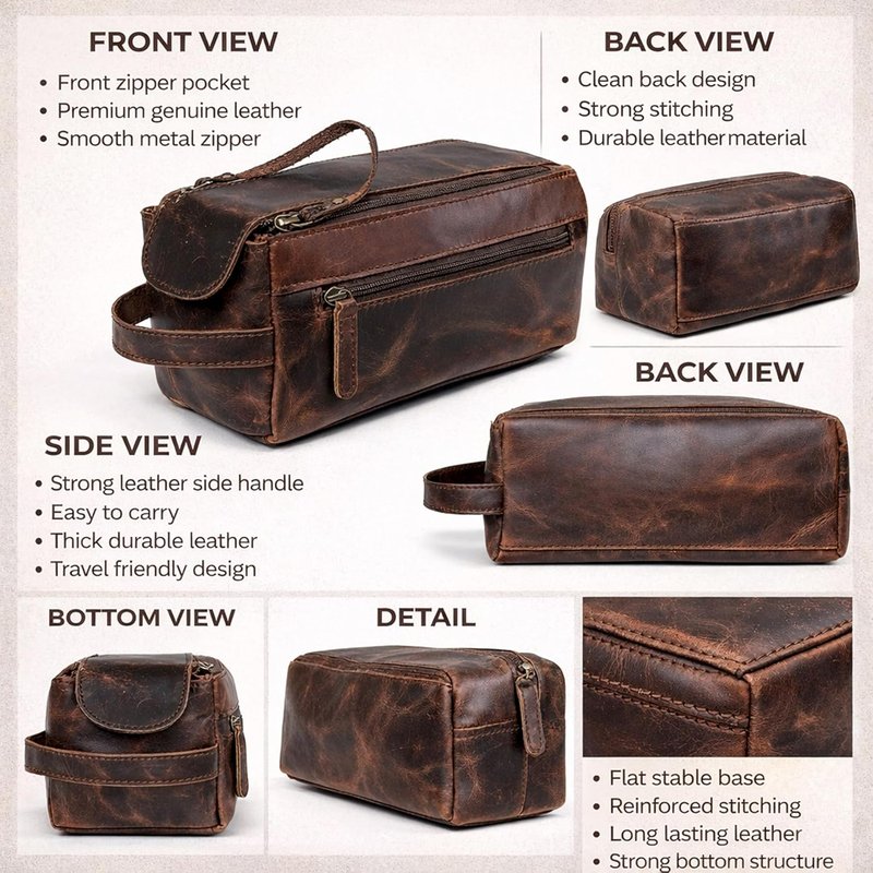 Genuine Buffalo Leather Unisex Toiletry Bag - Premium Travel Dopp Kit | Durable & Stylish Design
