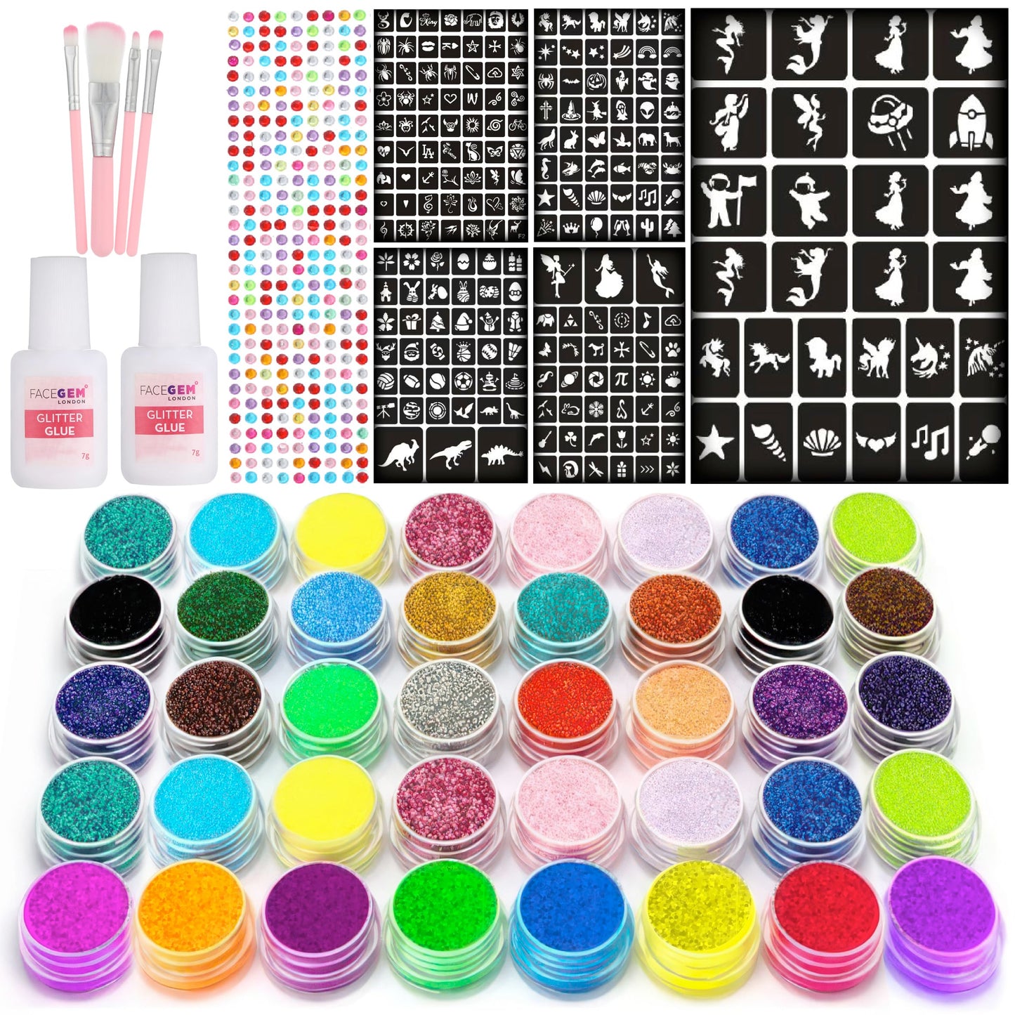 40 Colour - Glitter Tattoos for kids, Glitter tattoo kit, Temporary Tattoos for kids, Face glitter, 200+ Stencils, 40 Colour (10 neon), Rhinestones, Girls birthday present, Face Glitters