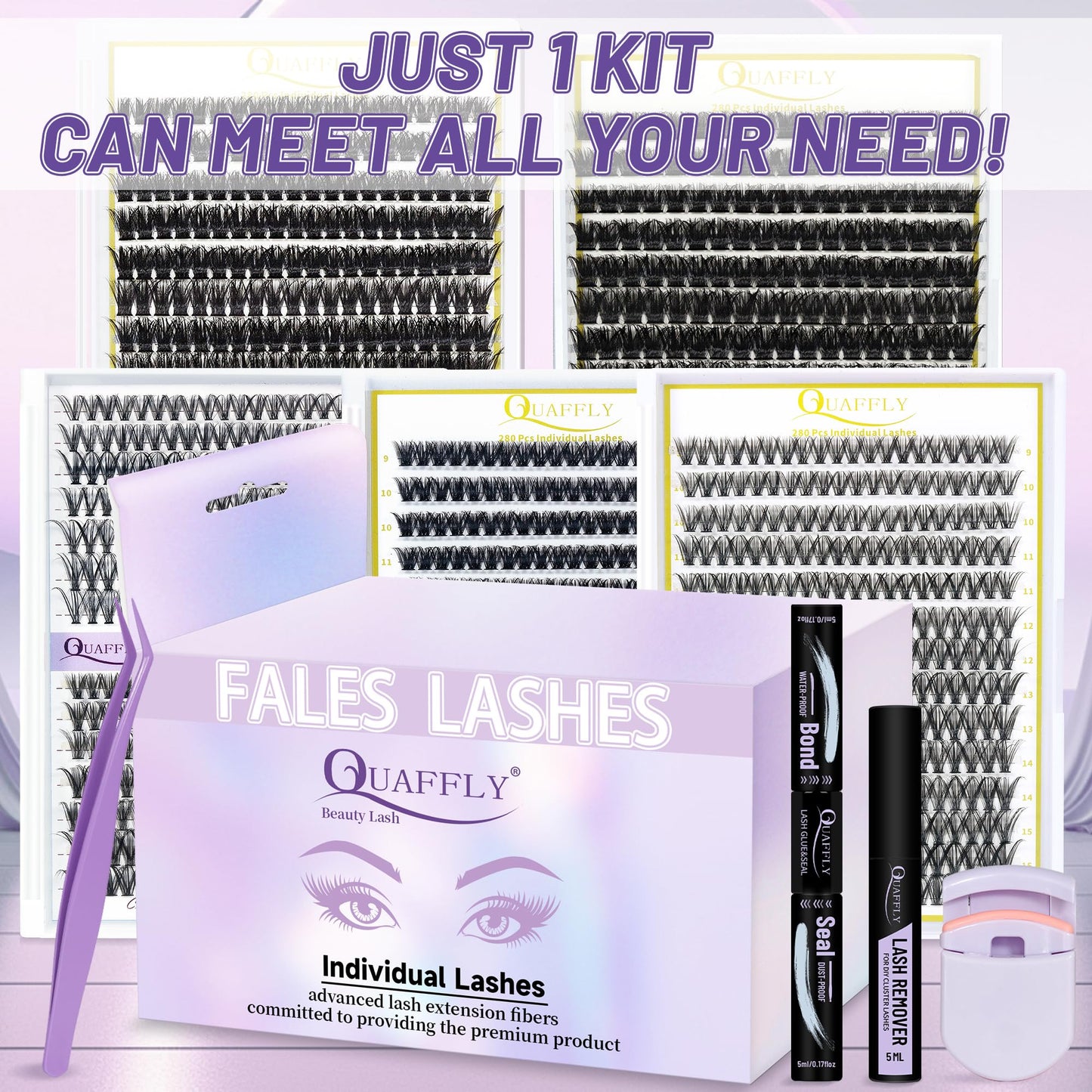 QUAFFLY 5-Pack False Eyelashes Kit with Lash Glue & Seal, Remover, Tweezers, Curler | Professional Lash Extension Set for Natural/Dramatic Look, Reusable, Salon & Home Use
