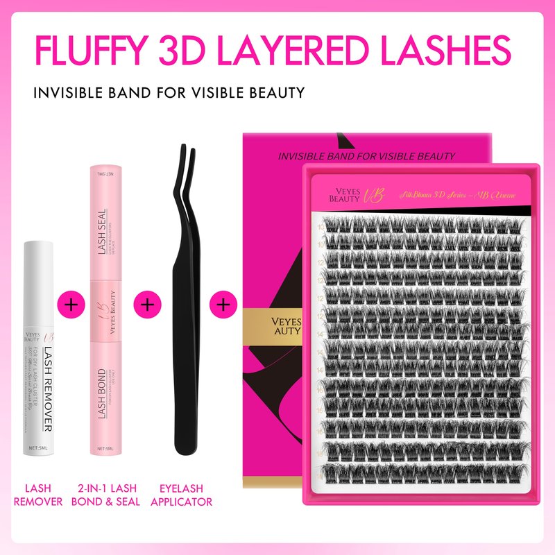 VEYESBEAUTY Lash Clusters Kit Fluffy Individual Lash Extensions Xtreme 3D Layered Volume Eyelashes kit Thin & Invisible Band Wispy Spider Faux Mink Lash 10-18mm with Bond&Seal Remover Applicator