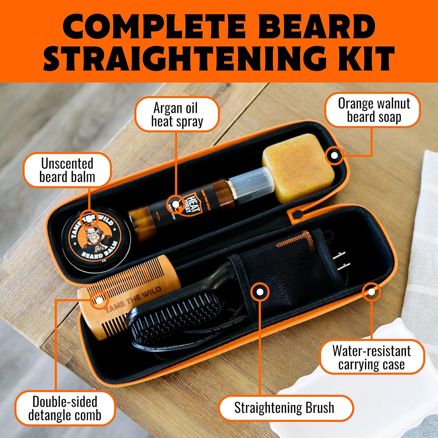 Premium Beard Grooming Kit - Heated Brush, Straightener Comb & Care Essentials | Complete Set