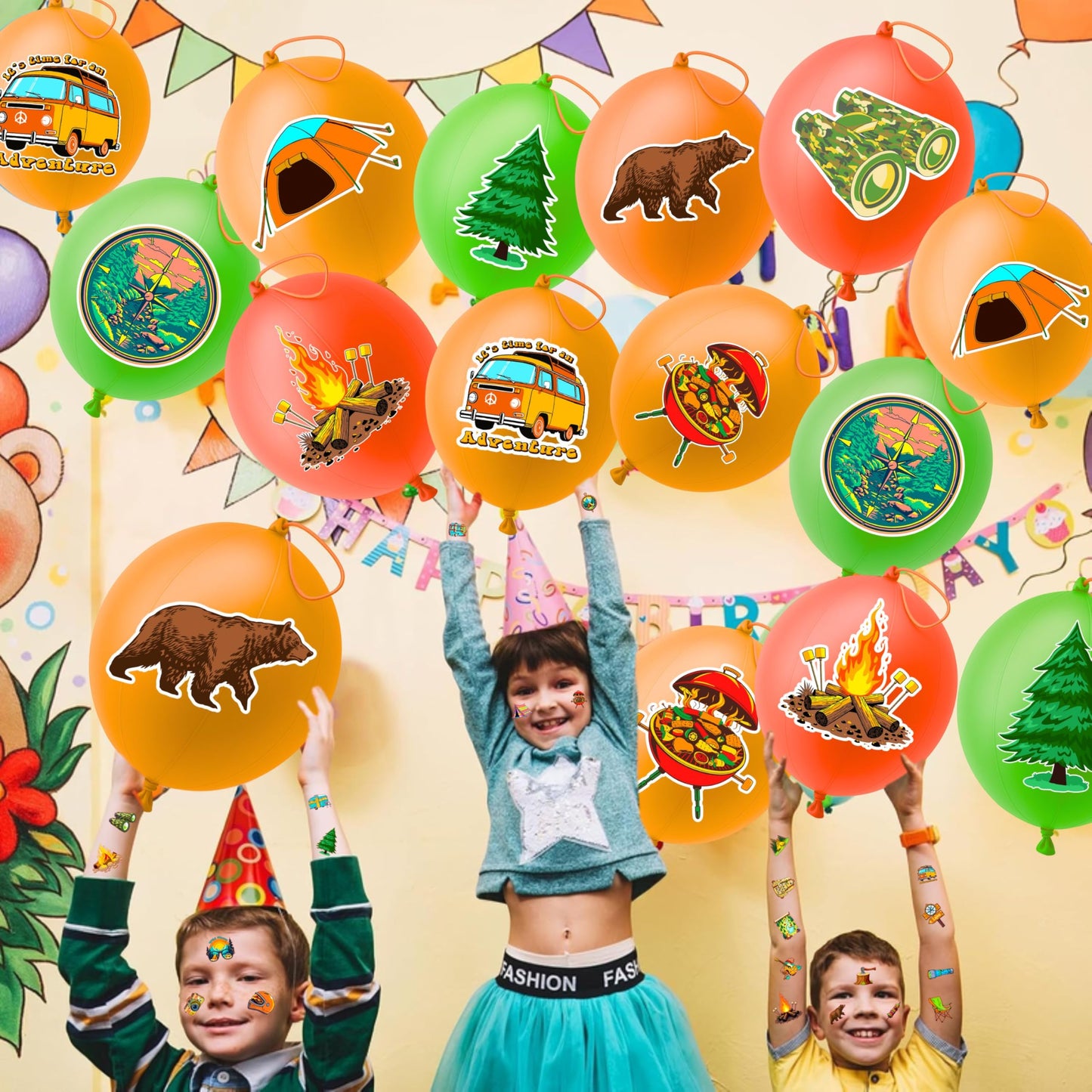 72 PCS Camping Party Favors for Kids – 48 Pre-Cut Temporary Tattoos & 24 Camping Punch Balloons Themed Birthday Party Decorations Supplies Favors Gifts, Goodie Bag Fillers, Classroom Rewards