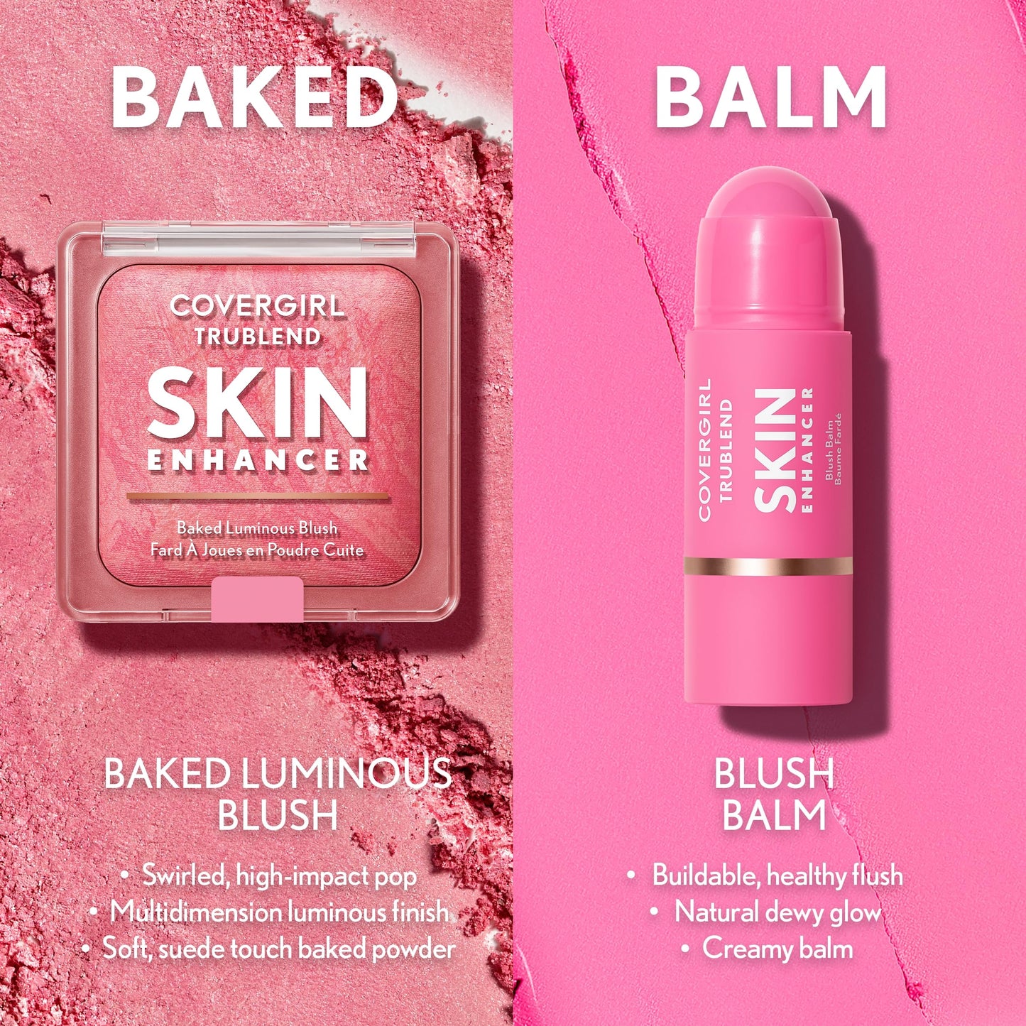 COVERGIRL TruBlend Skin Enhancer Baked Luminous Blush, with Hyaluronic Acid & White Rose Extract, Blends Seamlessly - Please Please Pink (Bright Pink with Light Swirls)