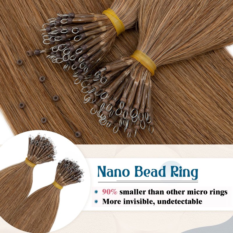 16inch Nano Beads Ring Hair Extensions Human Hair Light Auburn Pre Bonded I Tip Keratin Cold Fusion Stick Tipped Hairpiece Iron Loop Link Straight Micro Bead Remy Hair for Women #30 50g 50strands