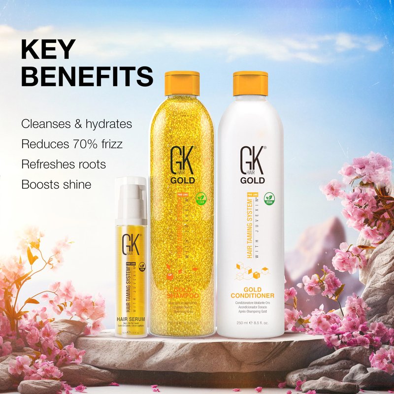GK Hair Gold Shampoo and Conditioner Duo with Free Argan Oil Serum Contains Argan Oil, Shea Butter, Natural Oils for Hairs Moisturizing Shine and Protection