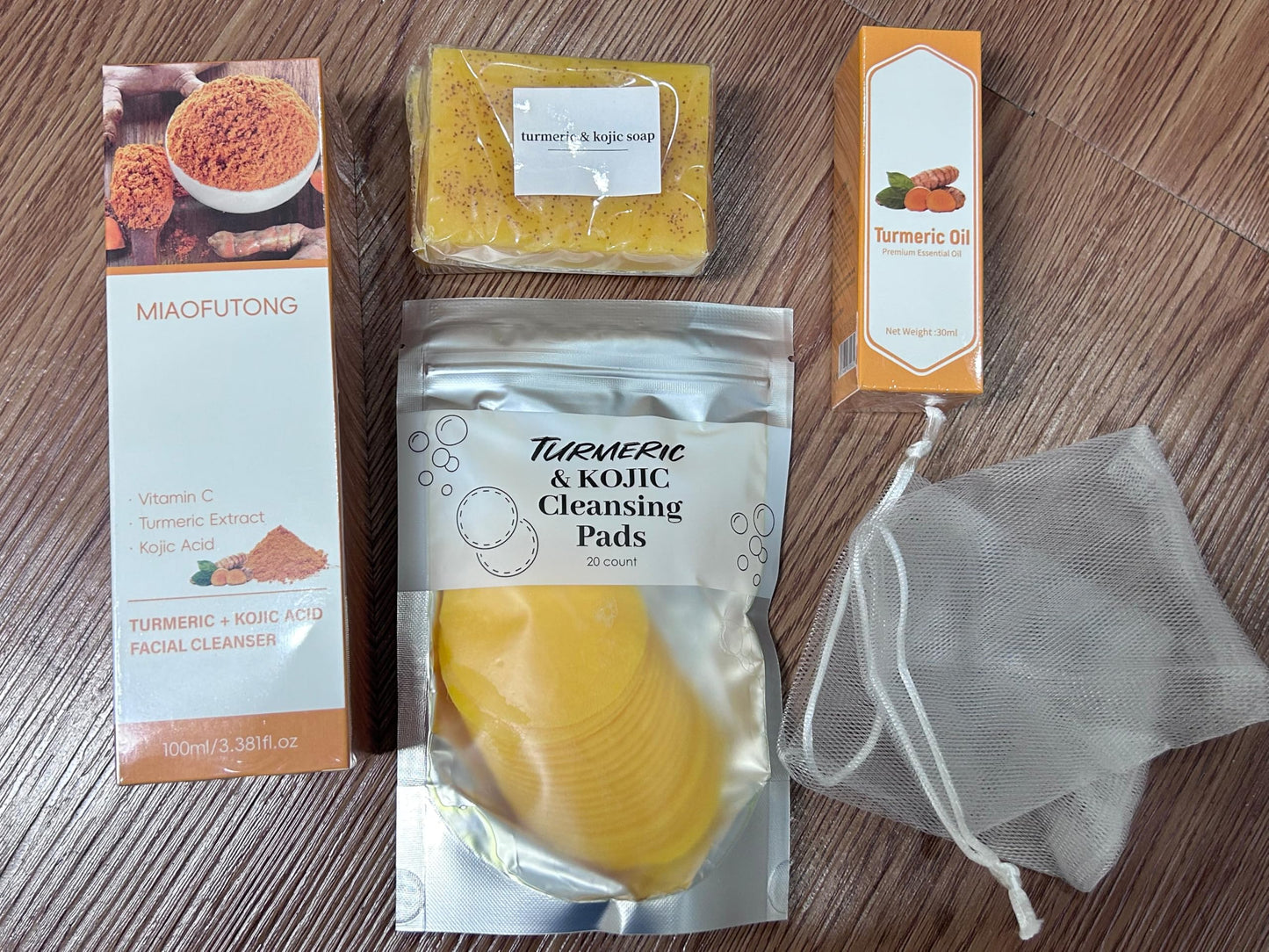 Turmeric Wash and Care Kit – Turmeric Face Wash with Brush, Exfoliating Facial Pads, Turmeric Oil and Cleansing Soap Bars– Jabon de Curcuma, Natural Skincare for Face & Body (4PC Set, Count, 4)