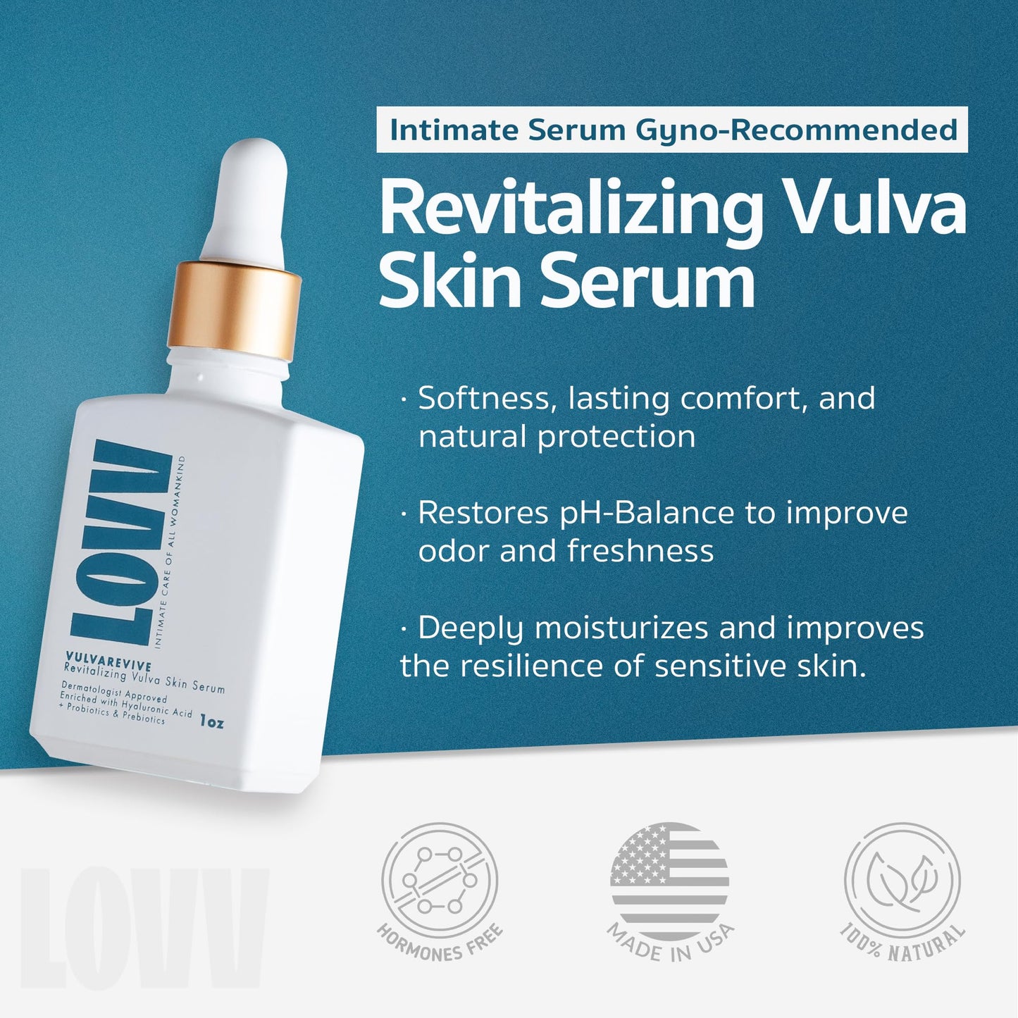LOVV VulvaRevive Vulva Serum | 1 Fl Oz | Prebiotic and Probiotic Fast Absorbing Moisturizer Serum For Women with Hyaluronic Acid Skin Care Soothes Dryness Sensitive Skin Restores Balance and Comfort