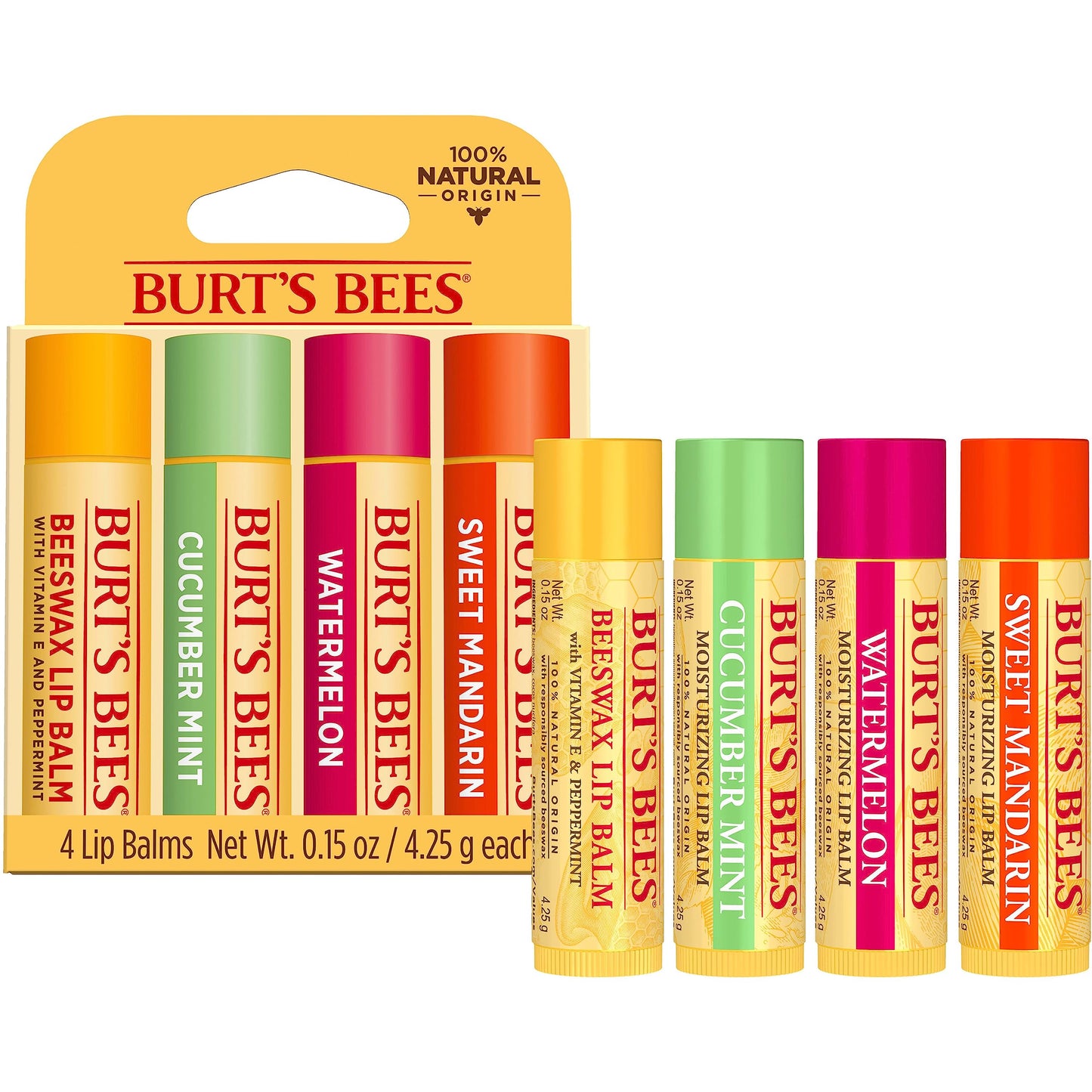 Burt's Bees Lip Balm, Original Beeswax, Cucumber Mint, Watermelon & Sweet Mandarin, With Responsibly Sourced Beeswax, Tint-Free, Natural Origin Treatment, 0.15 oz., Four Tubes
