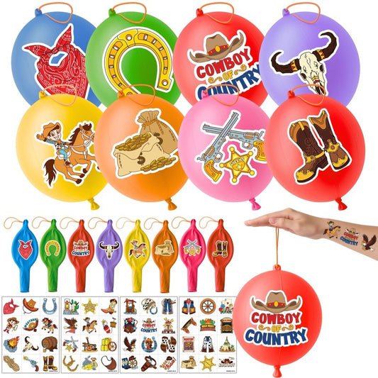 72 PCS Cowboy Party Favors for Kids – 48 Pre-Cut Temporary Tattoos & 24 Cowboy Punch Balloons Themed Birthday Party Decorations Supplies Favors Gifts, Goodie Bag Fillers, Classroom Rewards