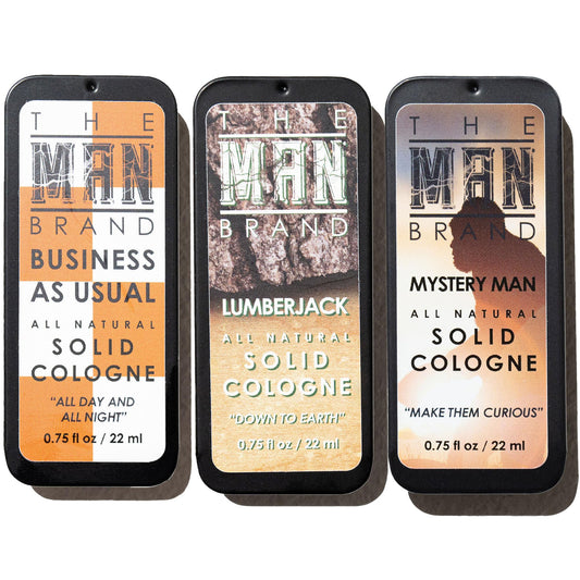 The Man Brand Solid Cologne Sample Set of 3 with Business As Usual, Lumberjack, and Mystery Man Wax Cologne - Mens Travel Size Perfume Sampler Set (The Triad - 3 Pack - 0.75 oz each)