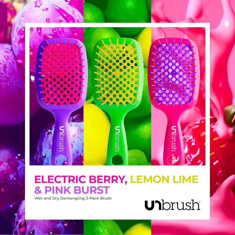 FHI Heat Detangling Brush Set | Pain-Free Hair Brush for All Hair Types - Lightweight Travel-Friendly Design | Neon Collection (3-Pack)