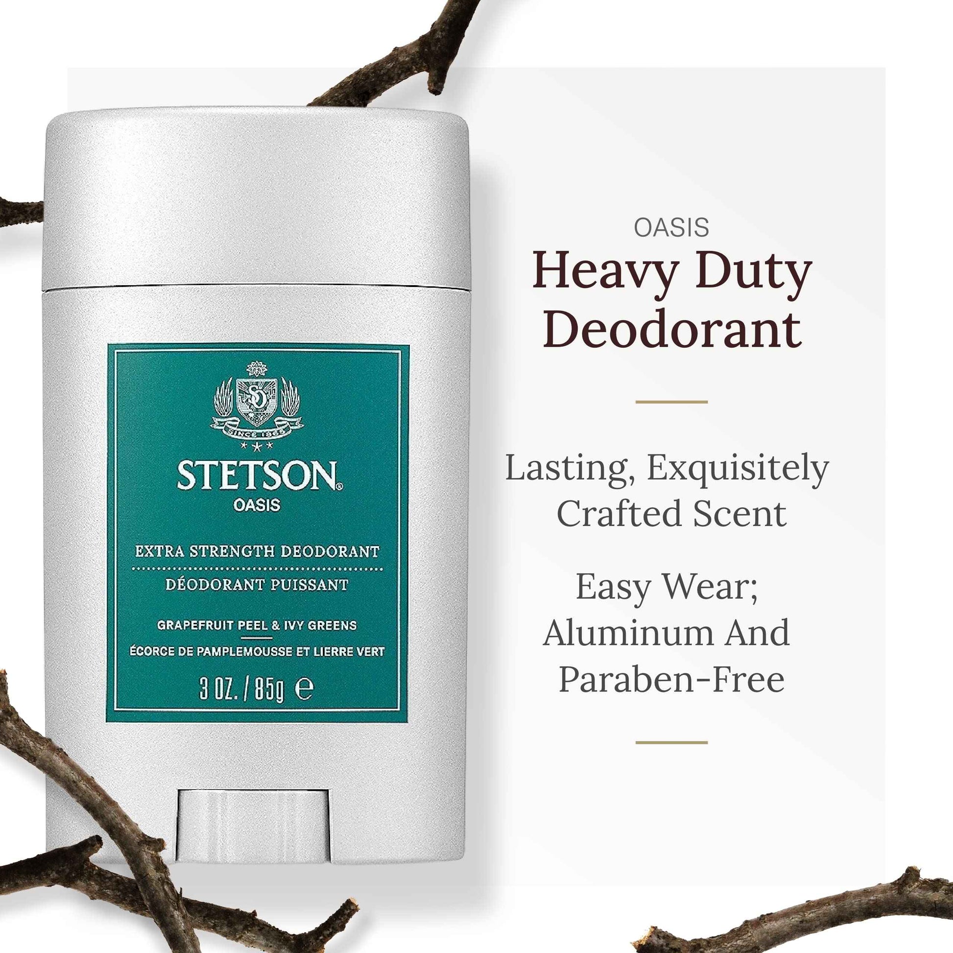 STETSON Personal Care Extra Strength Deodorant by Scent Beauty - Gel Men's Deodorant Stick for Grooming Kit - 3 oz - 3 Pack - Oasis