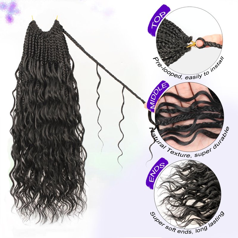 Goddess Box Braids Crochet Hair 18 inch Pure Protein Fiber Close to Human Hair 8 packs Boho Crochet Braids for Black Women Pre looped Bohemian Box Braid with Curly Ends Hair Extensions(18 inch, 1B)