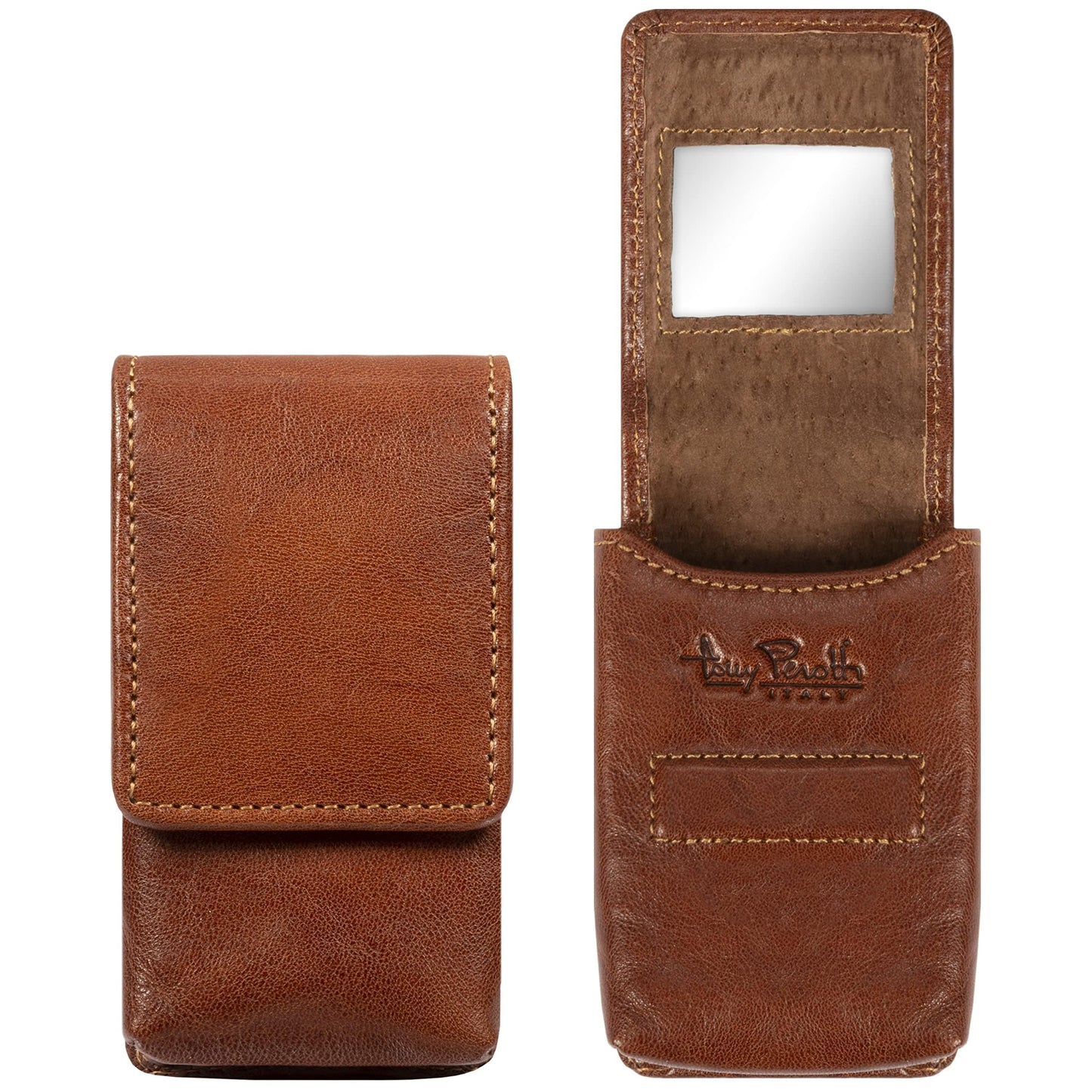 Tony Perotti Womens Italian Bull Leather Top Flap Double Lipstick Case with Mirror in Cognac
