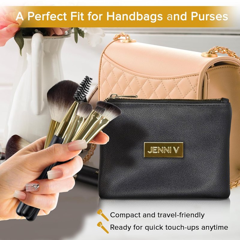 Premium Travel Makeup Brushes Set - 14 Mini Brushes with Handmade Leather Case | Portable Travel Size for Blush & Foundation
