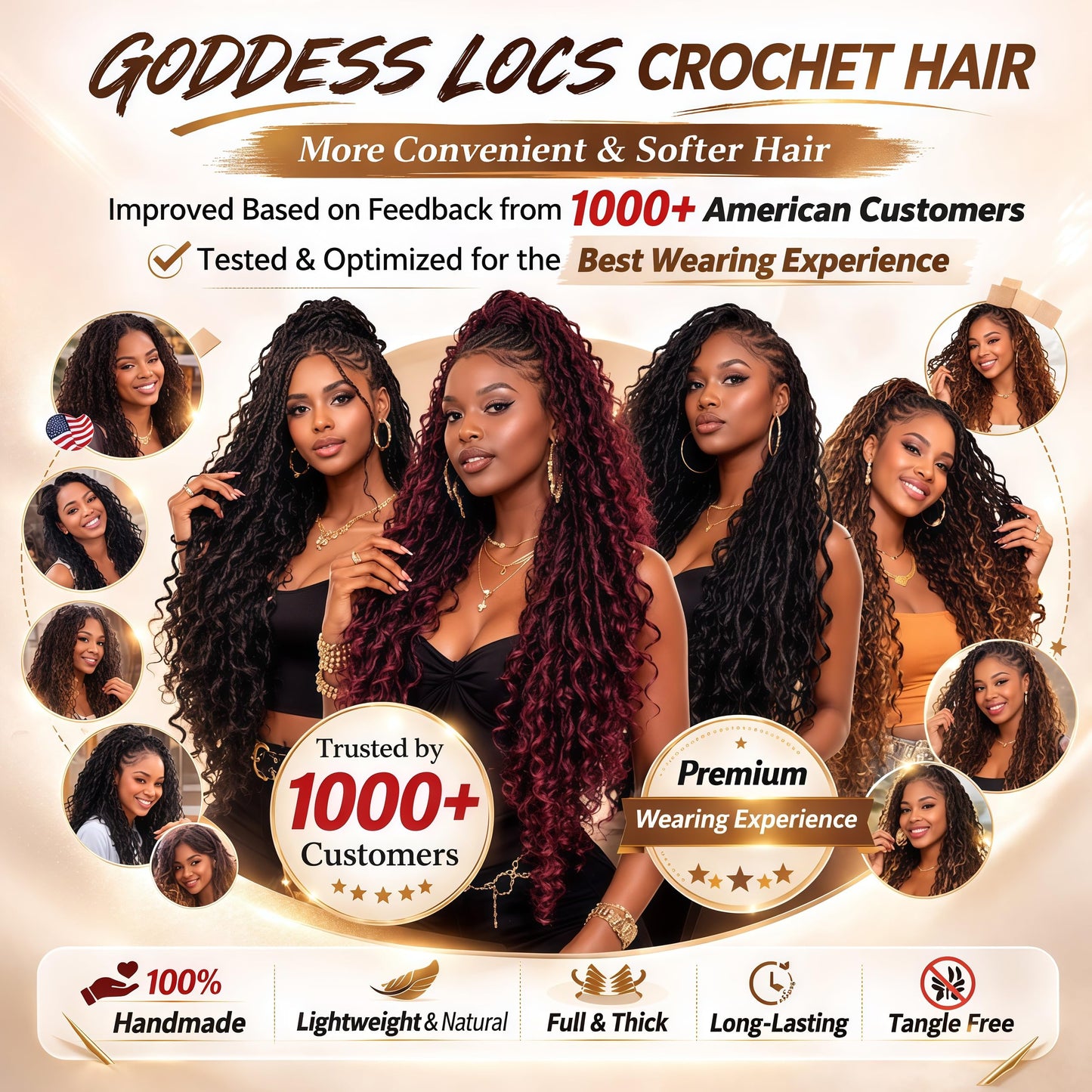 8 Packs Goddess Locs Crochet Hair for Black Women, 18 Inch Human Hair Mix Synthetic Pre-looped Boho Faux Locs with Curly Ends Long River Crochet Hair for Black Women Hair Extensions(1B,18 Inch)
