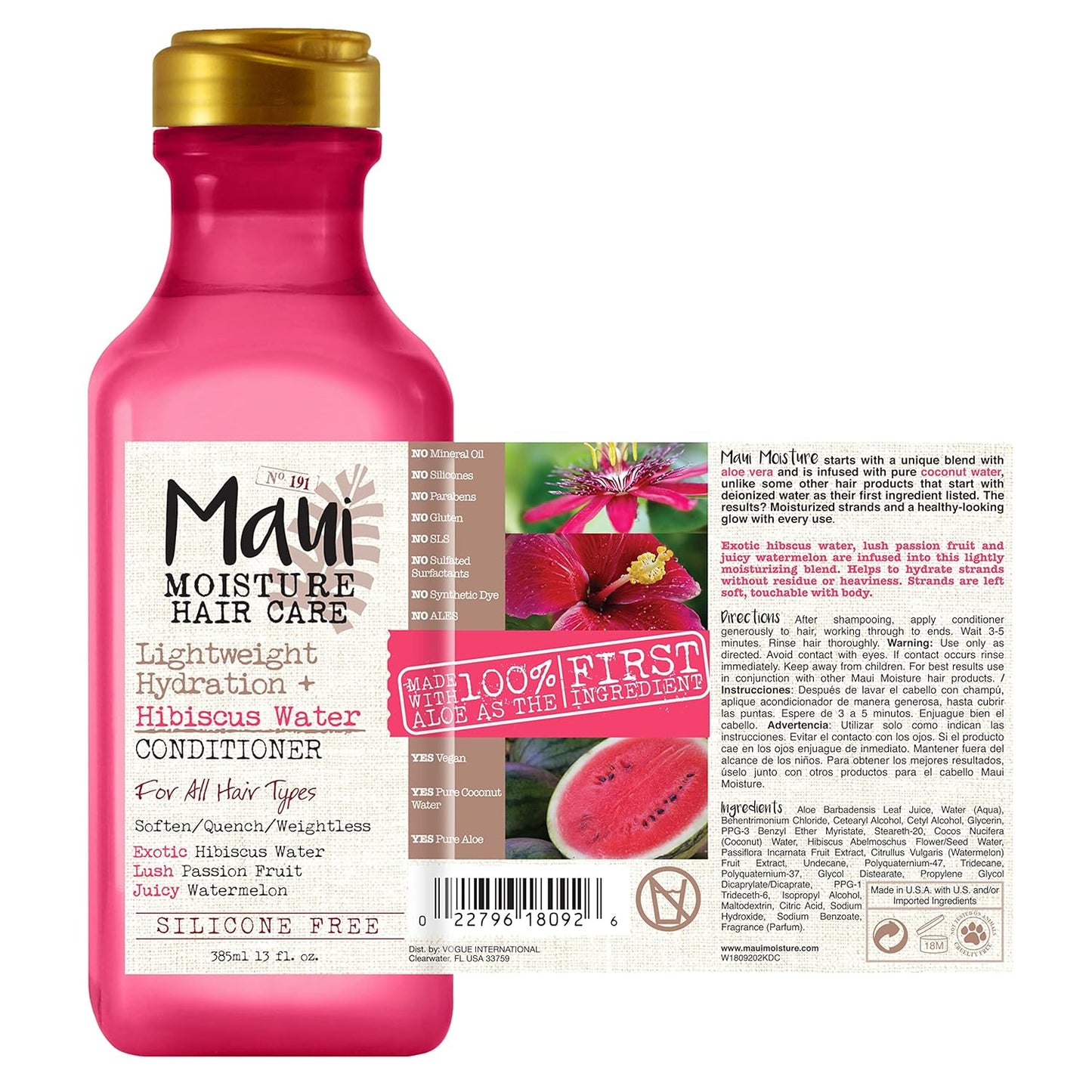 Maui Moisture Lightweight Hydration + Hibiscus Water Conditioner, Nourishing Aloe Vera Conditioner Softens & Quenches Hair, Vegan & Silicone-Free, 13 Fl Oz