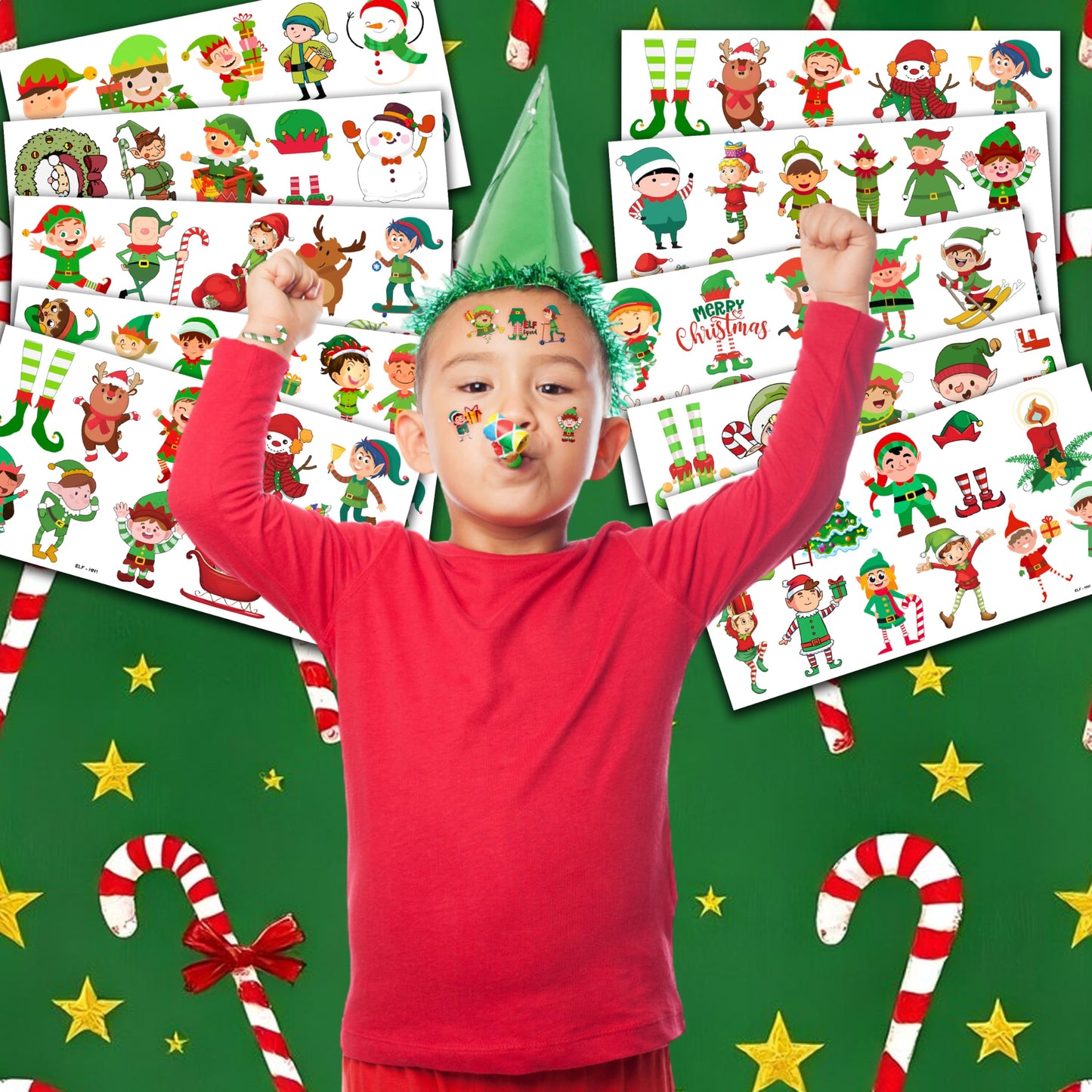 96PCS Elf Chritsmas Temporary Tattoos Winter Themed Birthday Party Decorations Supplies Favors Merry Xmas Snowflake Snowman Tattoo Stickers Gifts For Boys Girls Kids School Prizes Carnival Holiday