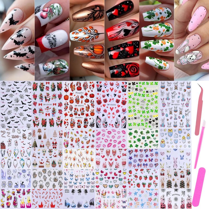 Holiday Nail Art Stickers Decals 30 Sheets 3D Seasonal Stickers for Nails with Tweezers Self-Adhesive Manicure Decoration Nail Supplies for Christmas Valentine Halloween St. Patrick's Day Easter