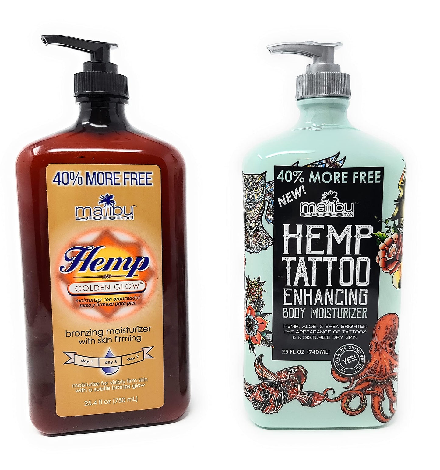Bundle Of Malibu Moisturizer 40% More Free: Malibu Hemp Tattoo Enhancing Body Moisturizer 25 FL OZ & Malibu Hemp Golden Glow 25.4 FL OZ