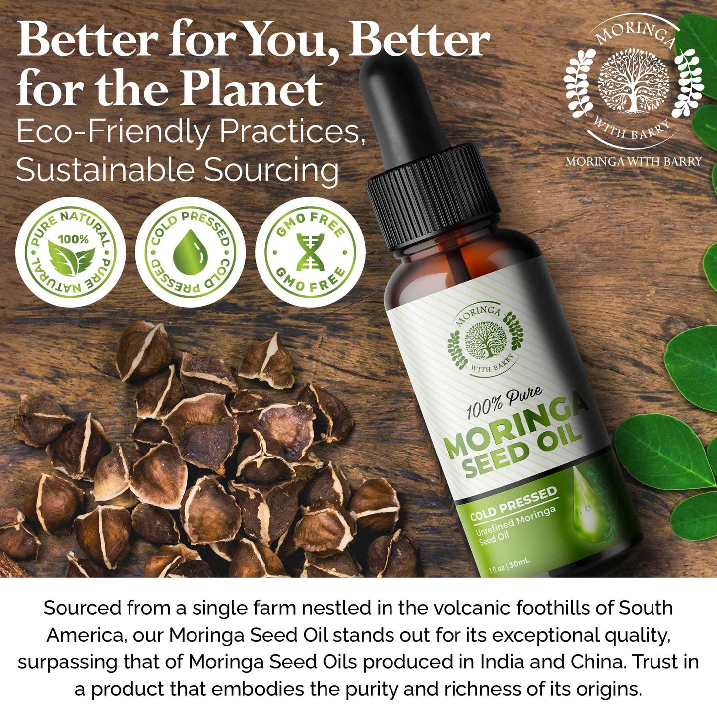Moringa Seed Oil – 100% Pure, Cold-Pressed & Virgin, Unrefined Non-GMO Vegan Oil, Ultra-Hydrating Moisturizer for Dry Skin, Damaged Hair & Body, Anti-Aging, Ideal Carrier Oil