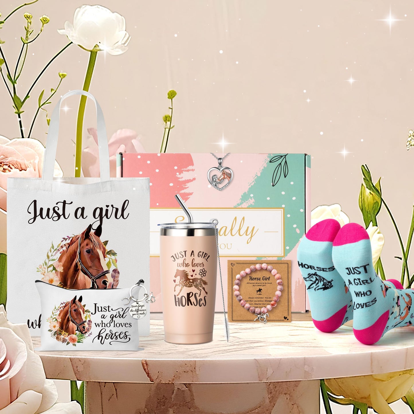 Y1tvei Horse Gift Set for Women Girls- 61pcs Just A Girl Who Loves Horses Tote Bag with Cosmetic Bag, Tumbler with Straw, Keychain Pink Bracelet Necklace Socks Sticker Set for Lover Friends Birthday