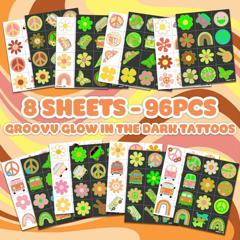 96PCS One Two Groovy 60s 70s Pre-Cut Luminous Temporary Tattoos for Kids Birthday Theme Party Supplies Decorations Favors Decor Super Cute Retro Hippie Rainbow Tattoo Stickers Gifts for Girls Boys