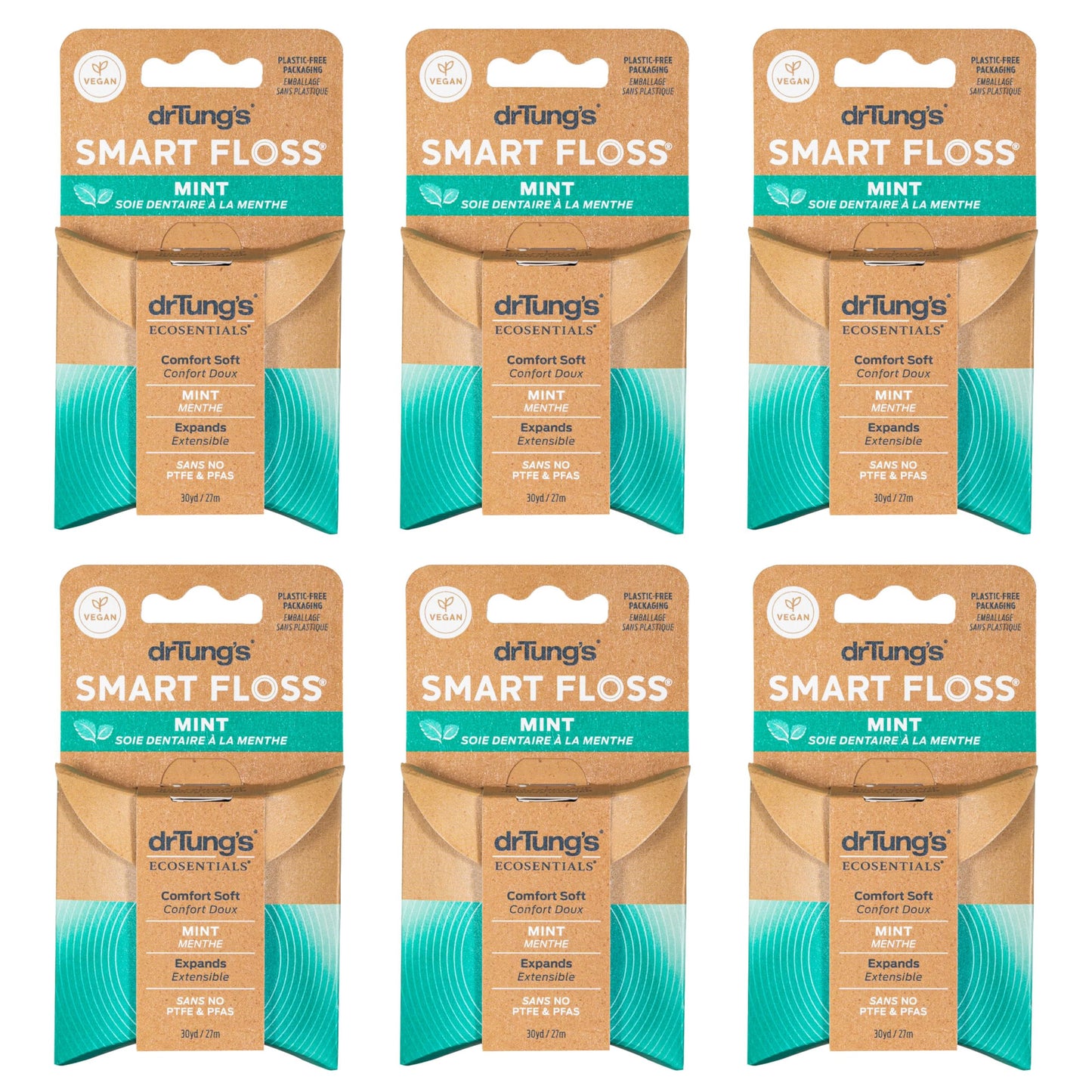drTung's Smart Floss Mint for Teeth - Natural Expanding Dental Floss, Gentle on Tooth & Gums, Expands & Glides, PTFE & PFAS Free, Certified Organic Mint Essential Oils - Pack of 6
