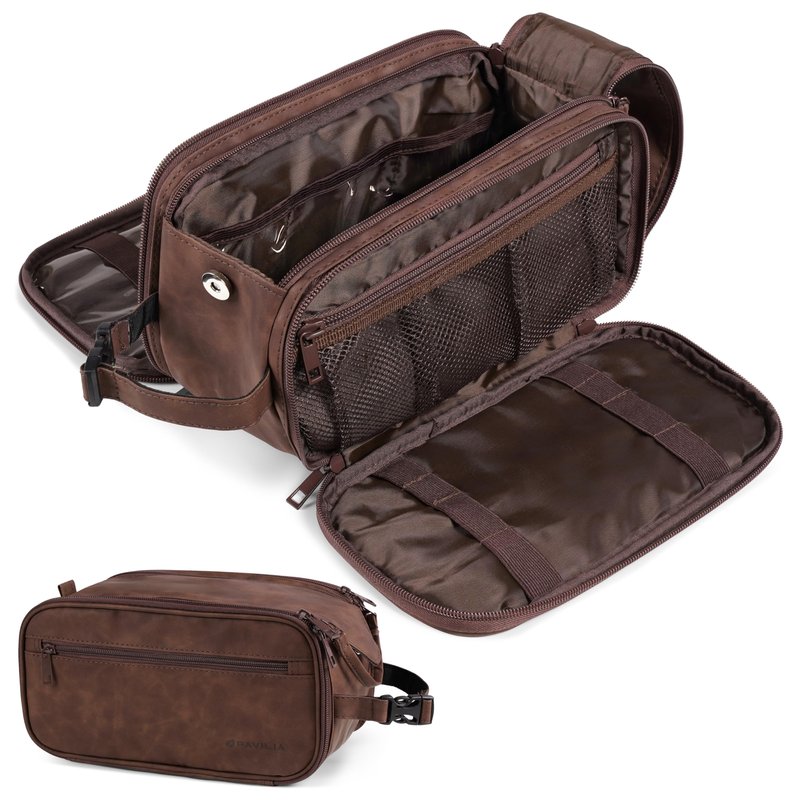 PAVILIA Toiletry Bag for Men, Hanging Travel Dopp Kit Organizer, PU Leather Water Resistant Bathroom Bag for Shaving Grooming, Large Capacity Cosmetic Bag Travel Essentials, Dark Brown