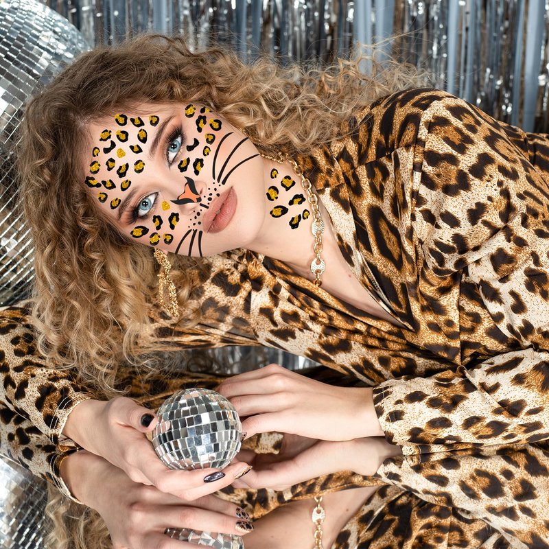 Leopard Face Tattoos, Glitter Cheetah Cat Leopard Tattoos Face Stickers, Cheetah Costume for Adult Women, Halloween Animal Costume Stickers Party Supplies