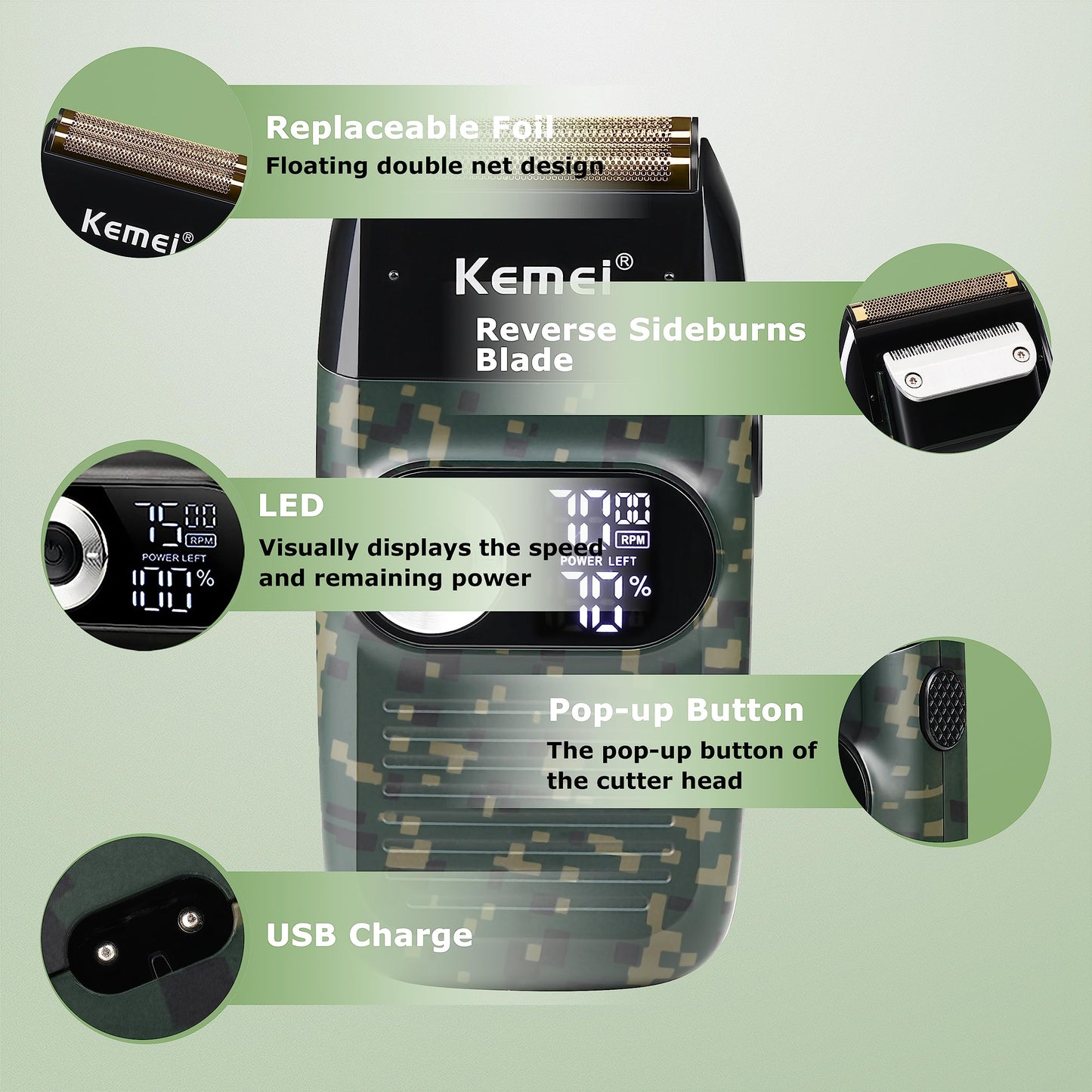 Kemei Foil Professional Electric Shaver for Men Razor with Bald Trimmer Cordless Shavers Rechargeble LED Display 2 in 1