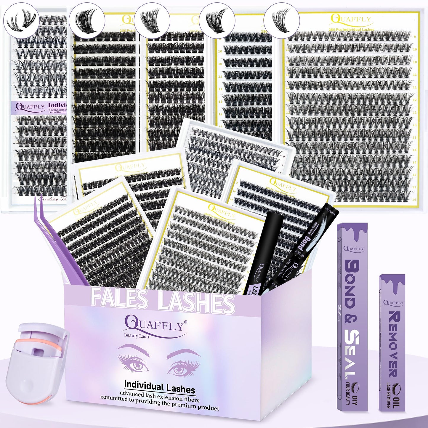 QUAFFLY 5-Pack False Eyelashes Kit with Lash Glue & Seal, Remover, Tweezers, Curler | Professional Lash Extension Set for Natural/Dramatic Look, Reusable, Salon & Home Use
