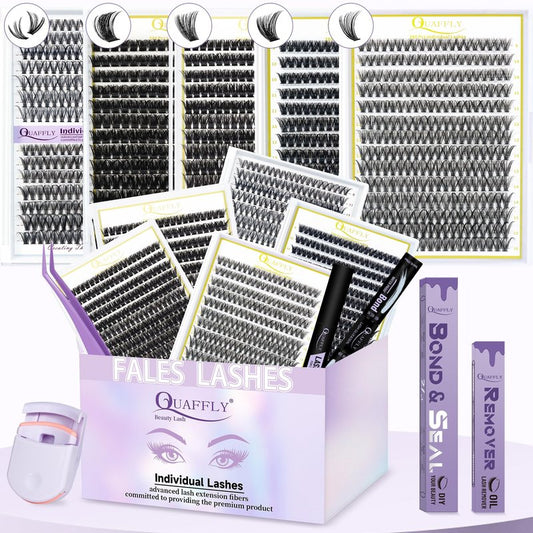 QUAFFLY 5-Pack False Eyelashes Kit with Lash Glue & Seal, Remover, Tweezers, Curler | Professional Lash Extension Set for Natural/Dramatic Look, Reusable, Salon & Home Use