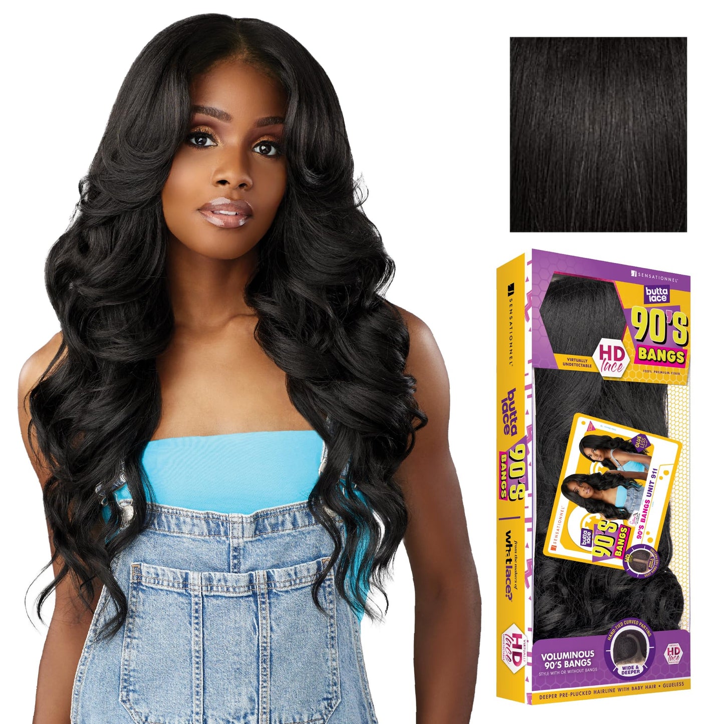 Sensationnel Butta Lace 90Sbangs Wigs - Unit 911 Glueless Wide Deep Part Synthetic Preplucked Hairline (1B OFFBLACK)