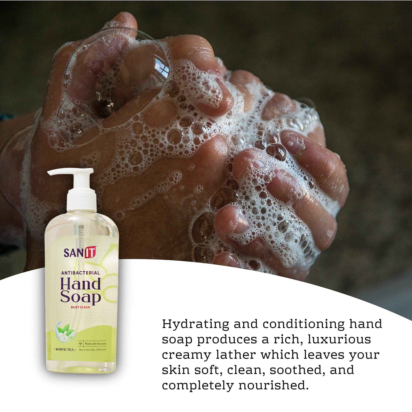 Sanit Silky Clean Antibacterial Liquid Gel Aromatic Hand Soap - Advanced Formula with Coconut Oil and Aloe Vera - Natural Moisturizing Hand Wash - Made in USA, White Tea, 8 oz, 3 Pack