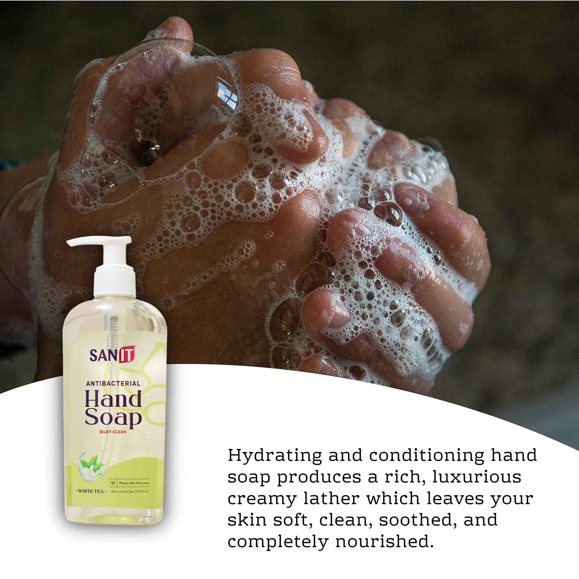 Sanit Silky Clean Antibacterial Liquid Gel Aromatic Hand Soap - Advanced Formula with Coconut Oil and Aloe Vera - Natural Moisturizing Hand Wash - Made in USA, White Tea, 8 oz, 3 Pack