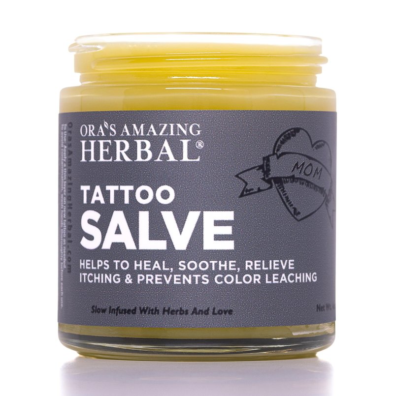 Natural Tattoo Salve,Tattoo Aftercare Balm for New & Old Inked Skin, Moisturizing & Itch Soothing Cream, Petroleum Free & Color Restoring Tattoo Ointment, 4oz, USA made - Ora's Amazing Herbal