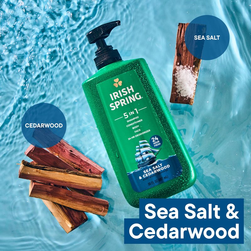 Irish Spring 5 in 1 Moisturizing Body Wash for Men, Shampoo, Conditioner, Body and Face Wash, and 24 Hour Deodorizer, Paraben-Free, Sea Salt & Cedarwood Scent, 30 fl oz