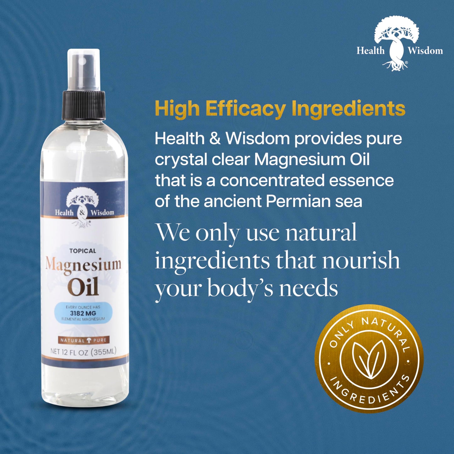 Health & Wisdom Pure Magnesium Oil - Topical Muscle & Joint Relief- Natural and Pure USP Grade Extra Strength Magnesium - Enhanced Absorption - Spray - 12 fl oz