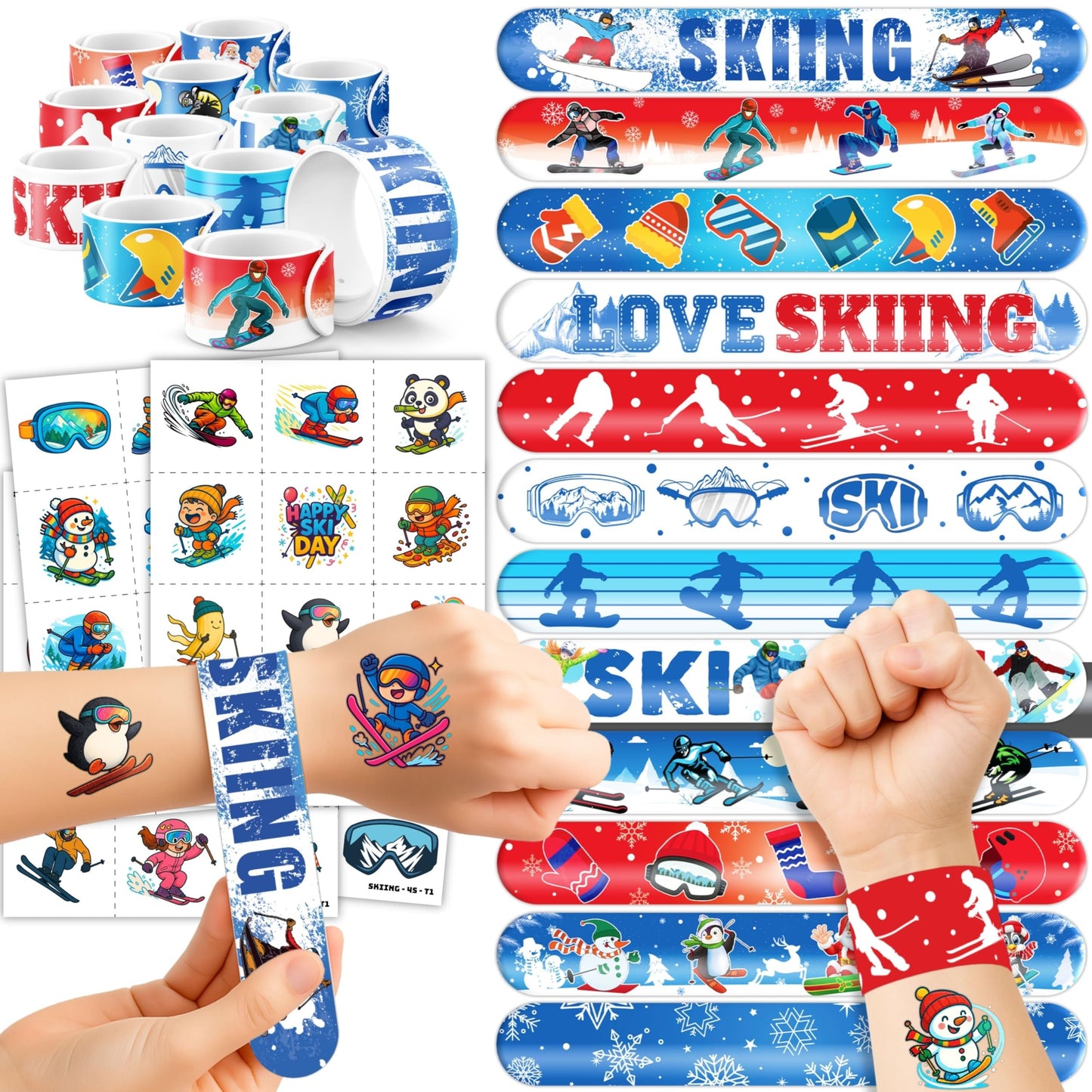 72PCS Skiing Party Set - 48PCS Temporary Tattoos & 24PCS Slap Bracelets - Fun Winter Sports-Themed Birthday Supplies, Baby Shower Gifts, Classroom Rewards & Party Decor for Kids (Boys & Girls)