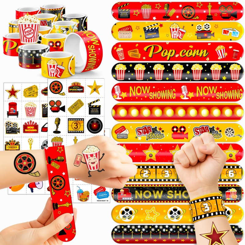 72PCS Movie Night Party Set - 48PCS Temporary Pre - Cut Tattoos & 24PCS Slap Bracelets - Fun Birthday Supplies, Baby Shower Gifts, Classroom Rewards & Movie-Themed Decor for Kids (Boys & Girls)
