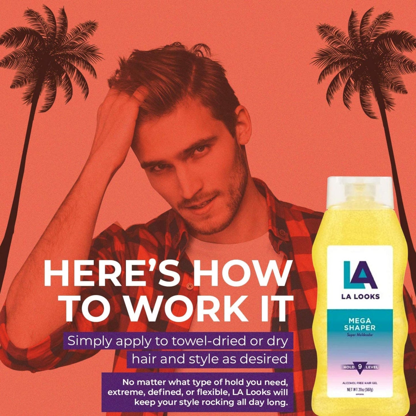 LA Looks Mega Shaper Hair Gel, All-Day Flexible Hold, Healthy Shine, Humidity Resistant, Alcohol-Free, Strong Styling Gel for All Hair Types, Level 9 Hold, 20 oz (Pack of 6)