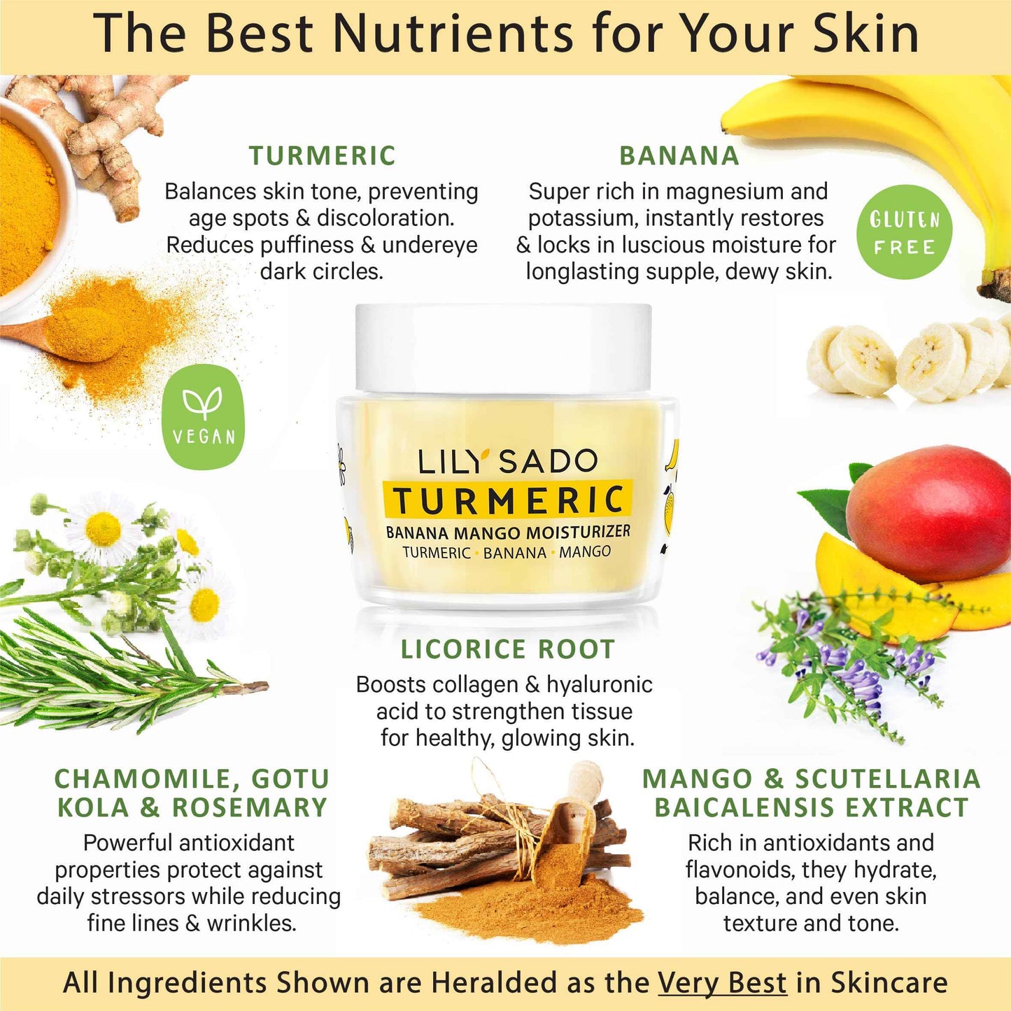 LILY SADO Turmeric Banana Mango Face Moisturizer - Luscious Creamy Nutrient-Rich Natural Daily Facial Cream w Chamomile & Rosemary - Vegan Anti-Aging Lotion For Wrinkles & Fine Lines