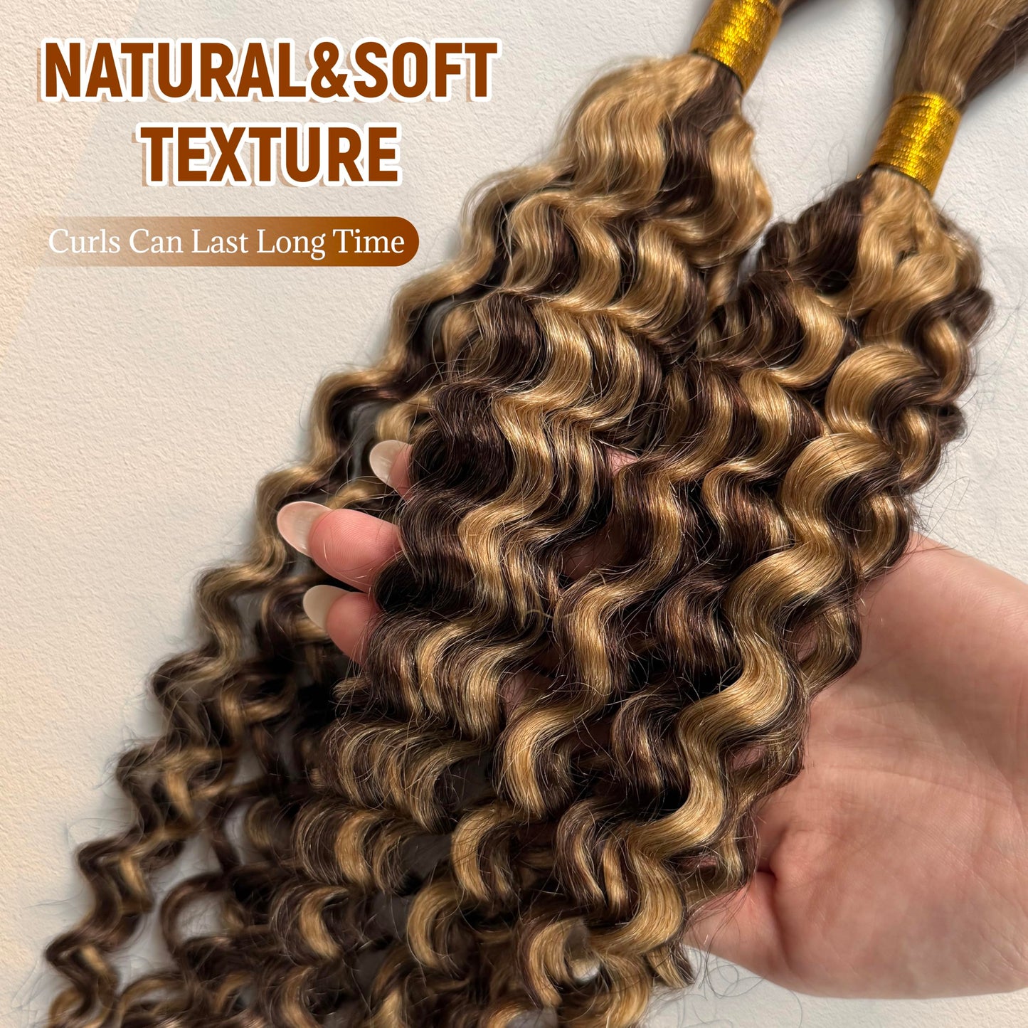 4P27 Human Braiding Hair Ombre Highlight 2 Bundles 100g Bulk for Micro Braiding Wig Wet and Wavy Curly Hair Extensions for Boho Braids Knotless Honey Blonde Deep Water Wave 14 inch